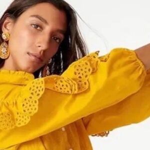 J Crew Mustard Yelllow Ruffle Top 2X Eyelet Shirt